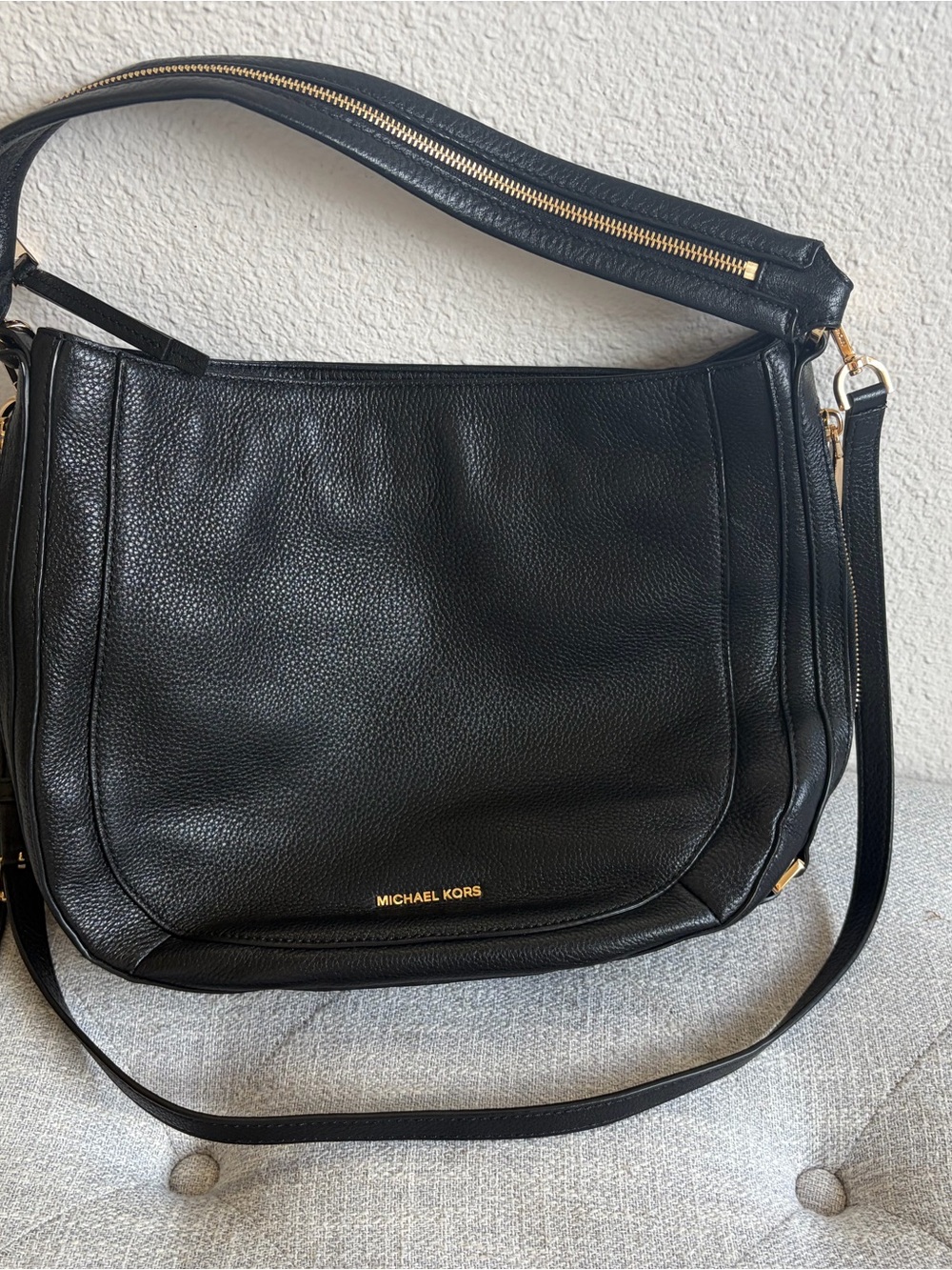 Michael Kors Black Pebbled Leather Shoulder Bag with Gold Hardware
